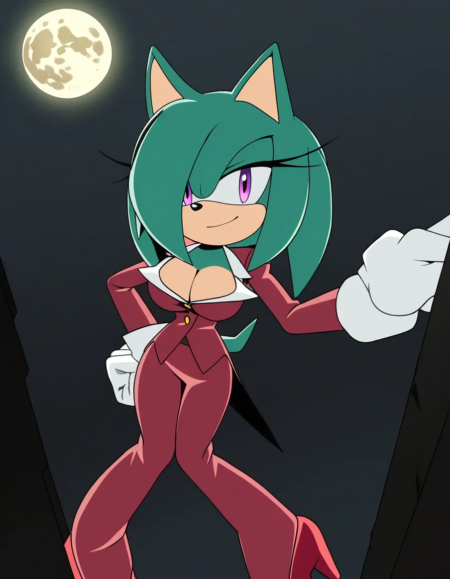 Anime Sonic art style Breezy the hedgehog big breasts wide hips Purple eyes Light skin sea green hair with blue tips Sea green fur Red suit jacket Deep cleavage Red pants red heels white gloves in a room at night low lighting full moon soft smile blushing a little, hentai_studio_quality, (anime style:1.3), 2d, anime screencap, cel shading, flat color, score_9, score_8, 3d render, octane render, subsurface scattering, ray tracing, smooth shading