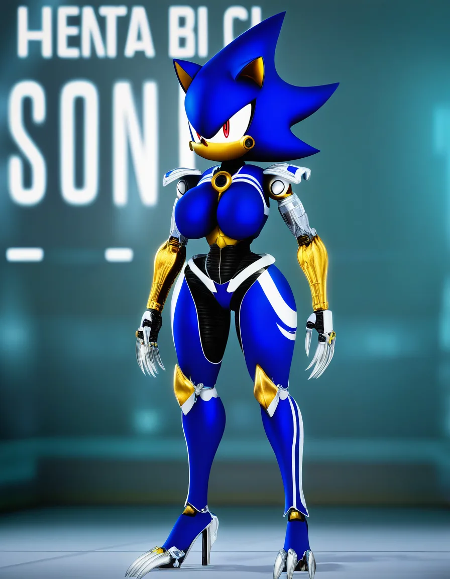 Anime sonic art style female metal sonic big breasts wide hips red eyes blue and silver armor exoskeleton robot silver claws red heels gold ring core in chest in a sci fi room low lighting, hentai_studio_quality