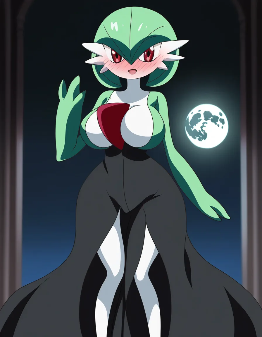 Anime gardevoir big breasts wide hips red eyes white skin green hair black hollow hip dress in a room at night low lighting full moon soft smile blushing a little, hentai_studio_quality, (anime style:1.3), 2d, anime screencap, cel shading, flat color