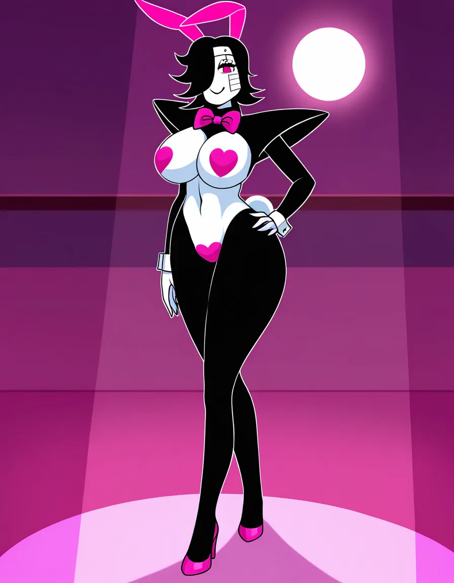 Anime undertale female mettaton big breasts wide hips pink eyes white skin black hair cyborg in a reverse bunny outfit hot pink bunny ears hot pink bowtie hot pink heels hot pink heart shaped Pasties in a room at night low lighting full moon soft smile blushing a little, hentai_studio_quality