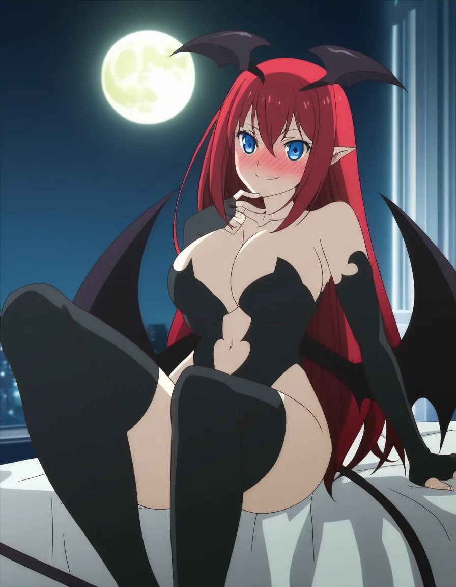 Anime succubus big breasts wide hips blue eyes light skin long red hair small black bat wings on her head big black bat wings on her back black leonard deep Cleavage black thigh high boots long black Fingerless gloves long black tail with a heart shape spade on the tip in s room at night low lighting full moon soft smile blushing a little, hentai_studio_quality, (anime style:1.3), 2d, anime screencap, cel shading, flat color
