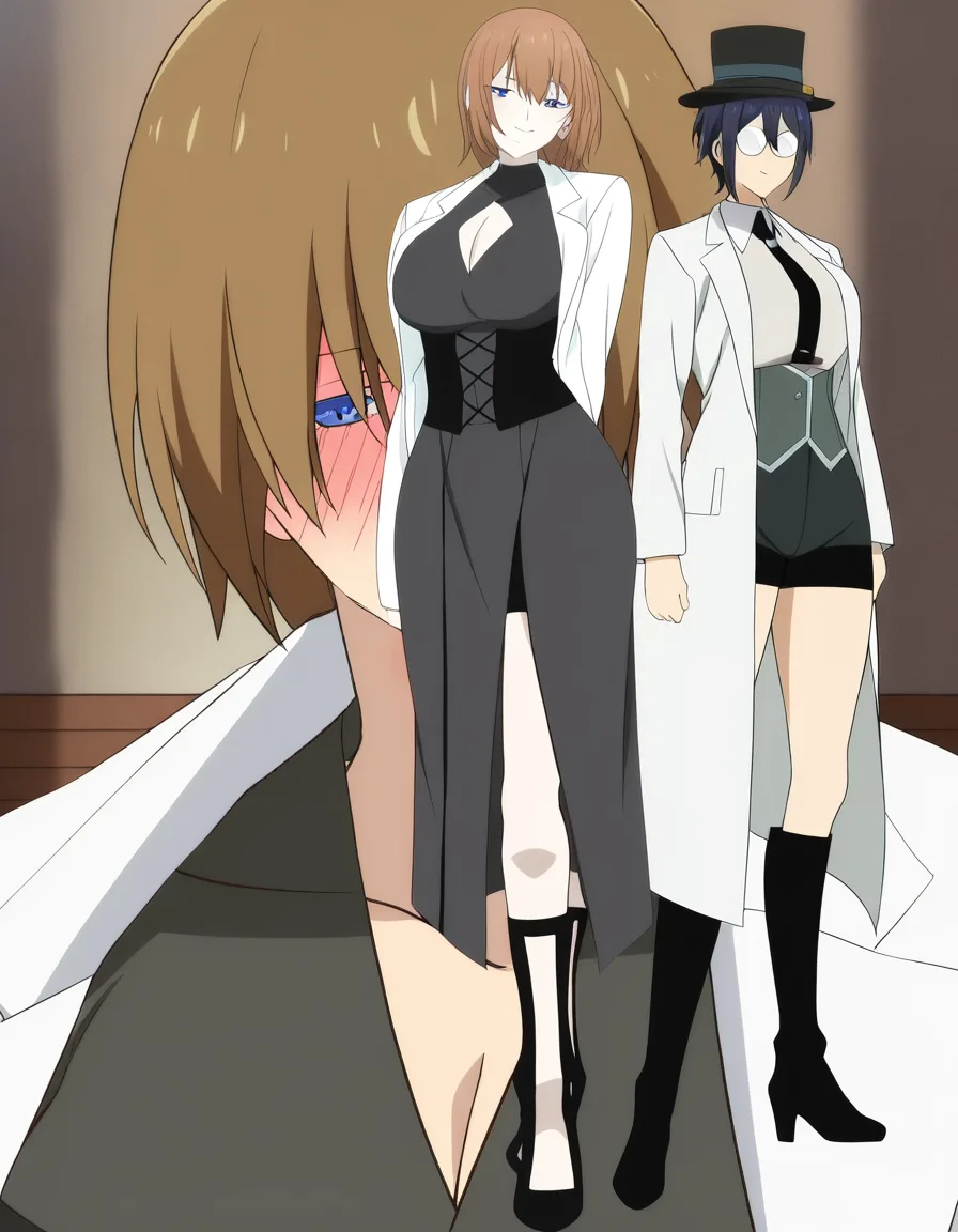 Anime female Doctor Jekyll blue eyes light skin brown hair Glasses opened light gray Shirt and skirt skirt Cleavage White lab coat black boot heels soft smile blushing a little and female Mister Hyde green eyes pale skin dark hair black top hat Long black opened trench coat black heel boots dark gray corset and booty shorts Cleavage Seductive smile blushing a little in a room sun set and moon rise low lighting, hentai_studio_quality, (anime style:1.3), 2d, anime screencap, cel shading, flat color, @00osamio00