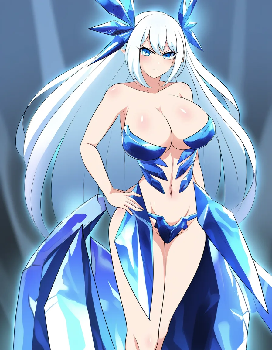 Anime female crystal knight big breasts wide hips blue eyes light skin white hair crystal armor Bikini armor breastplates crystal armored skirt  Crystal shin armor Crystal gauntlets in a cave full of glowing crystals low lighting holding crystal sword soft smile blushing a little sexy pose hand on hip, hentai_studio_quality