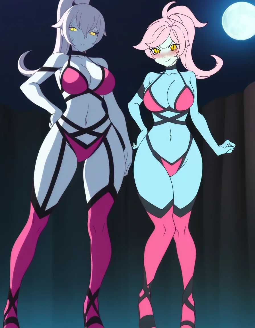 Anime league of legends classic evelynn big breasts wide hips yellow eyes light blue skin hot pink Slickback Flowy hair hot pink Spiky bikini top with black straps hot pink and black Choker hot pink panties hot pink thigh high boot heels with black straps in a room at night low lighting full moon soft smile blushing a little sexy pose hand on hip, hentai_studio_quality, (anime style:1.3), 2d, anime screencap, cel shading, flat color