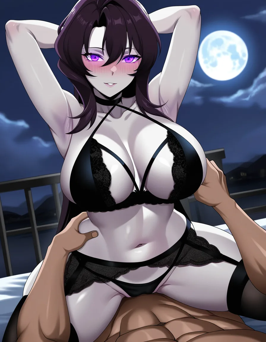 Anime fullmetal alchemist lust big breasts wide hips purple eyes pale skin dark hair black lingerie in a room at night low lighting full moon soft smile blushing a little laying on a bed with a male human making love Missionary position, hentai_studio_quality