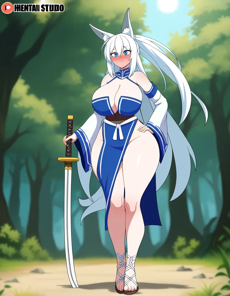 Anime female Swordsman big breasts wide hips blue eyes light skin long white hair white and blue Tunic robe deep Cleavage white and blue Loincloth white Wrapping on wrists white Wrapping on ankles Sandals holding a Katana sword in a forest temple sun set low lighting soft smile blushing a little sexy pose hand on hip, hentai_studio_quality