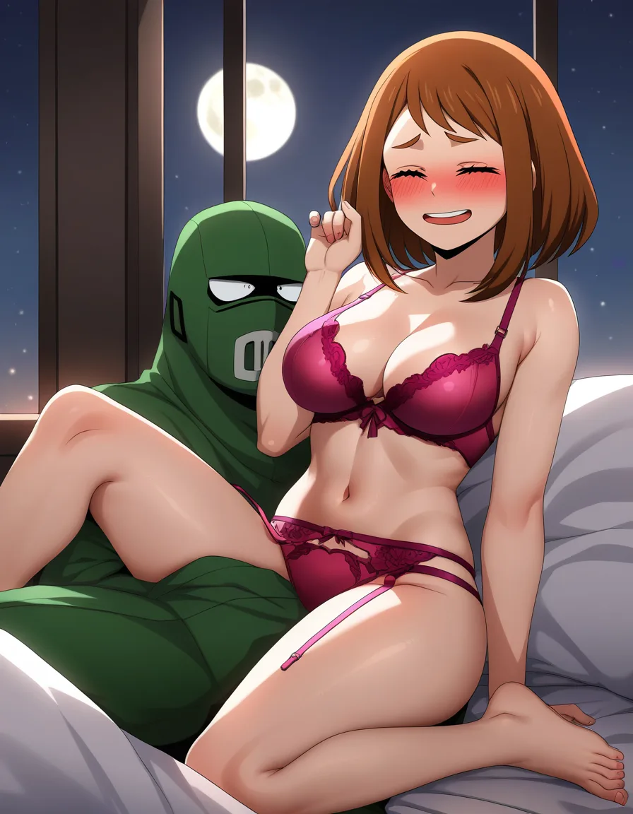 Anime my hero academia ochako in pink lingerie and deku in green boxers kissing and hugging on a bed in a room at night low lighting full moon blushing a little eyes closed, hentai_studio_quality