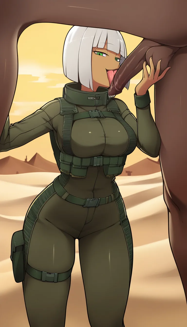 masterpiece, fine detail, Anime Female With Short bob cut White hair, medium Breasts, Green Eyes, Cheeky Face, blowjob, licking pov white cock, pov white cock, half closed eyes, Taunting, hourglass body, Sand colour detailed closed combat gear outfit, no military set, no military theme, no helmet, Pants, no gloves, village surroundings background, desert biome, eroge aesthetics, · Form-fitting khaki jumpsuit, high dark green collar with red accents, sleeves are one continuous piece with the suit (no separate cuffs or attached cloth), upper sleeves khaki transitioning seamlessly to dark green forearms, chest harness with olive-drab straps and six khaki pouches, thick dark green belt with black buckle, horizontal thigh straps, small hip pouch, rigid dark green thigh plate., hentai_studio_quality, hentai_studio_quality, hentai_studio_quality