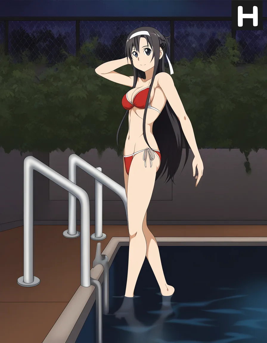 Sword Art Online Yui (grown up,long black hair, black eyes, topless bikini), by the pool, hentai_studio_quality, hentai_studio_quality, hentai_studio_quality, hentai_studio_quality, hentai_studio_quality