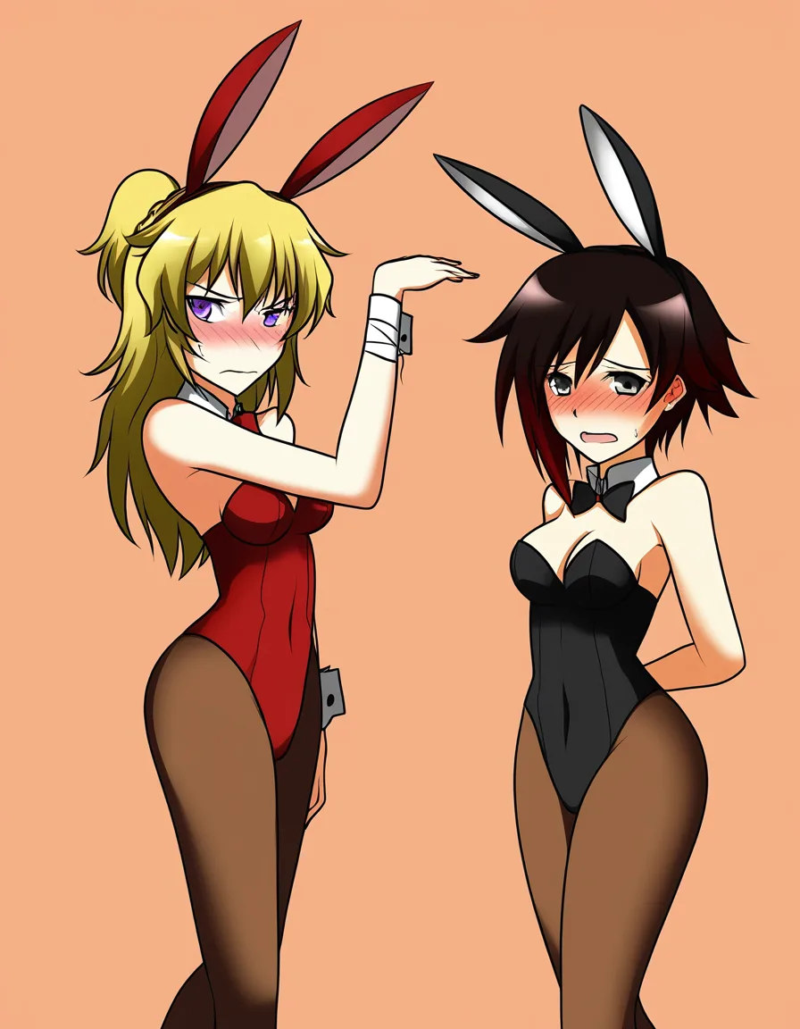 2girls 

@yang_xiao_long: ( playboy_bunny , waitress , proud)

@ruby_rose: ( playboy_bunny , waitress , embarrassed ), hentai_studio_quality