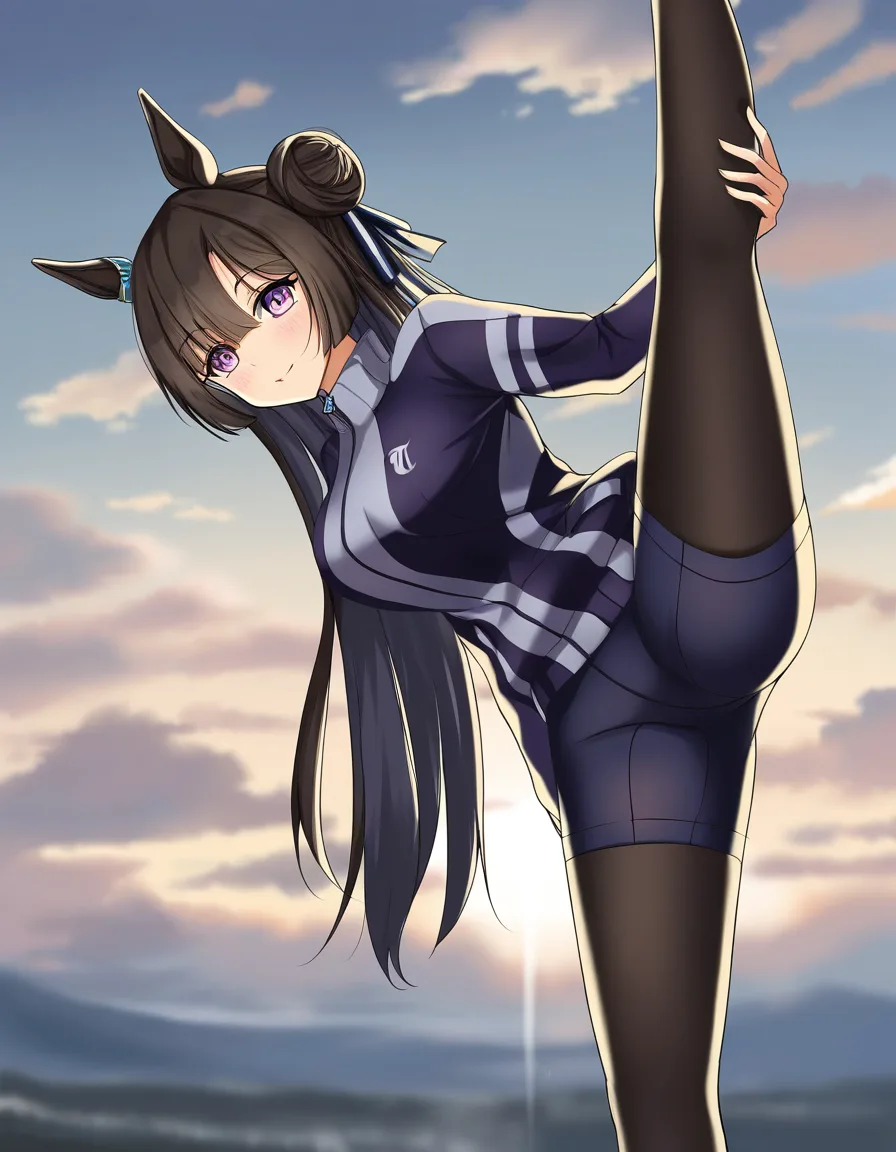 make tsuanade masterpiece, fine detail, 1other, leg up, horse ears, hair bun, cloudy sky, doujin style, hentai_studio_quality