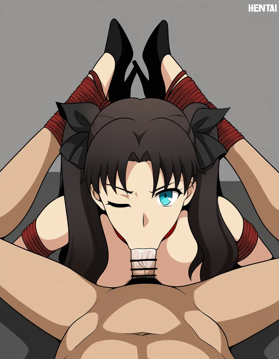 @tohsaka_rin , topless , bondage, fellatio , flexible, high_heels, choker, pov , ponytail, hentai_studio_quality