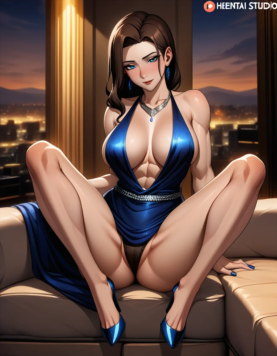 masterpiece, fine detail, brunette woman, muscular, evening gown, spread legs, sky, lustful eyes, soft cel shading, hentai_studio_quality