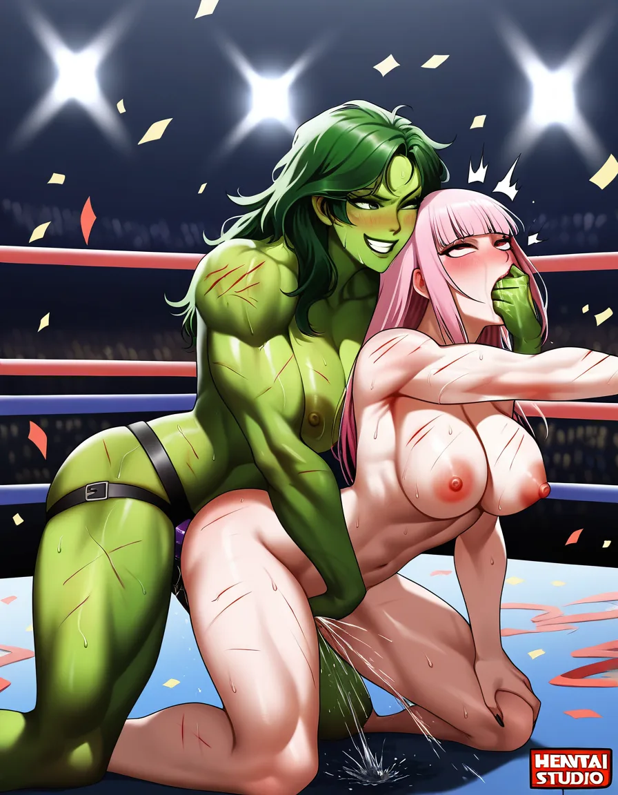 2girls , Best_quality, ultra_detailed, from_side , she-hulk , @mori_calliope-pink-hair, yuri sex ,wrestling_ring wrestling defeated, pussy_juice squirting orgasm , sweat, kneeling head_grab , strap-on-in_mouth, confetti nude,,, scratches,,, hentai_studio_quality, hentai_studio_quality, hentai_studio_quality