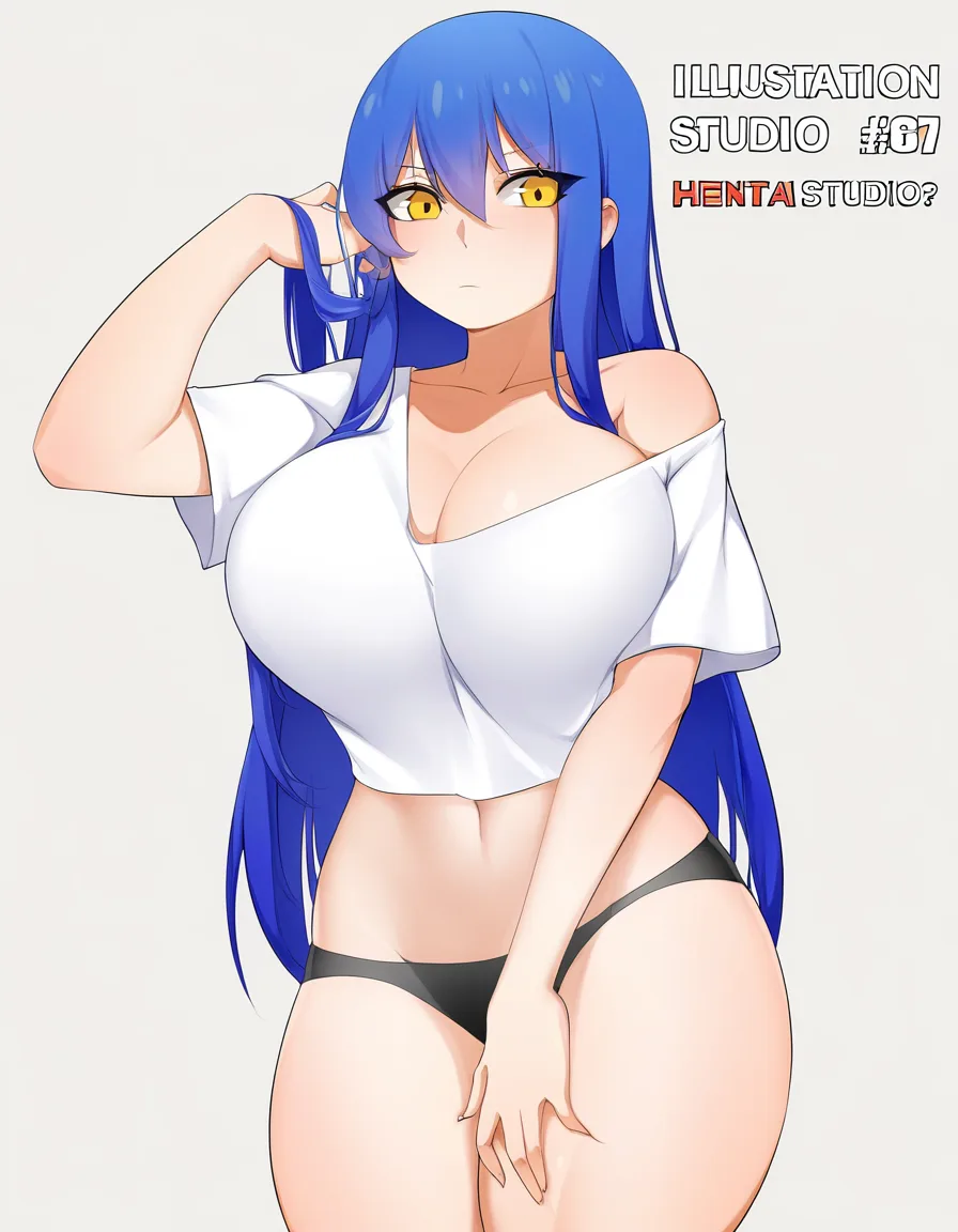 Blue hair, yellow eyes, large round breasts, thick thighs, big butt, white shirt down to the thigh, fixing her hair, white background   

ultra-detailed, sharp focus, 8k, absurdres, very detailed, high resolution, illustration, ultra-detailed, 8k, high quality, XL ILLUSTRATION, ANIME-INFLUENCED,  MASTERPIECE, hentai_studio_quality, hentai_studio_quality, hentai_studio_quality, hentai_studio_quality, hentai_studio_quality, hentai_studio_quality, hentai_studio_quality, hentai_studio_quality