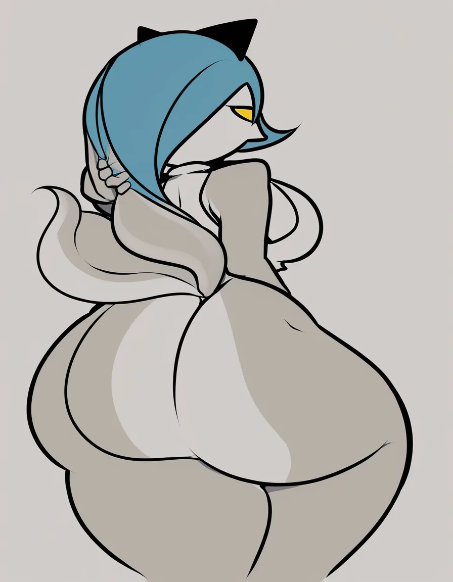 Blue hair, yellow eyes, large round breasts, thick thighs, big butt, white shirt down to the thigh, fixing her hair, white background   

/ultra-detailed, /sharp focus, /8k, /absurdres, /very detailed, /high resolution, /illustration, /ultra-detailed, /8k, /high quality, XL ILLUSTRATION STYLE, hentai_studio_quality, hentai_studio_quality, hentai_studio_quality, hentai_studio_quality, hentai_studio_quality