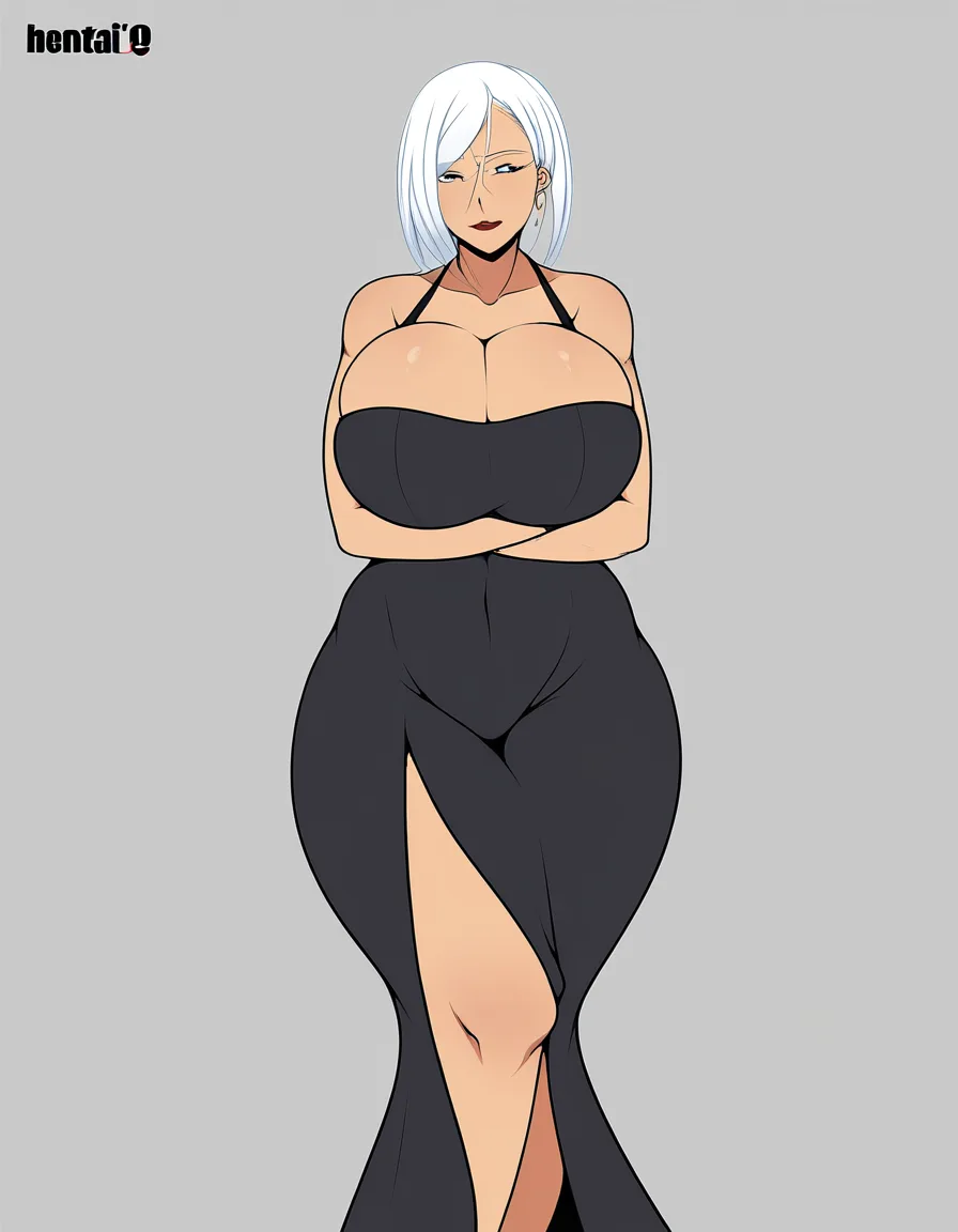Mature female, blue eyes, white hair, huge breasts, thick thighs, mischievous look, white background, arms crossed, tight black dress that accentuates the body. 


[[masoq095]], hentai_studio_quality, hentai_studio_quality, hentai_studio_quality, hentai_studio_quality, hentai_studio_quality, hentai_studio_quality, hentai_studio_quality, hentai_studio_quality, hentai_studio_quality, hentai_studio_quality, hentai_studio_quality, hentai_studio_quality