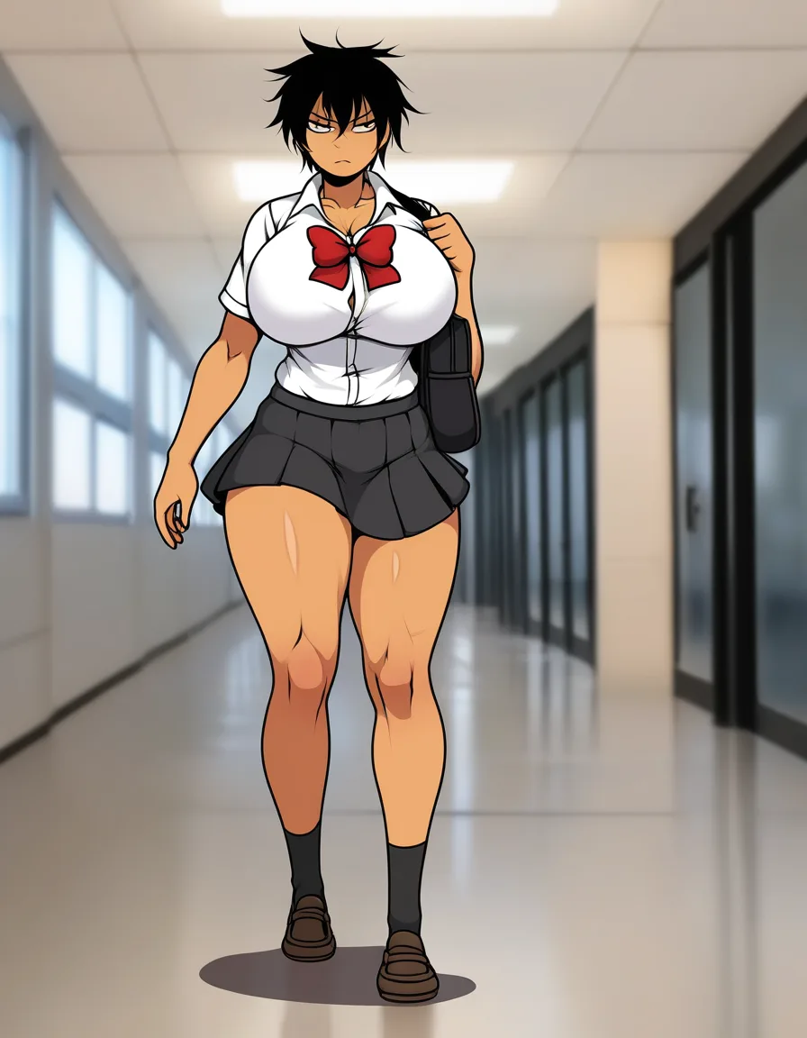 Short black hair, tan skin, tomboy, huge round breasts, thick thighs, school uniform, black skirt, black backpack, walking down the empty school hallway, serious look, athletic build. 


(Masterpiece quality, ultra-detailed, sharp, waifu fanart, mega quality), hentai_studio_quality, hentai_studio_quality, hentai_studio_quality, hentai_studio_quality, hentai_studio_quality, hentai_studio_quality