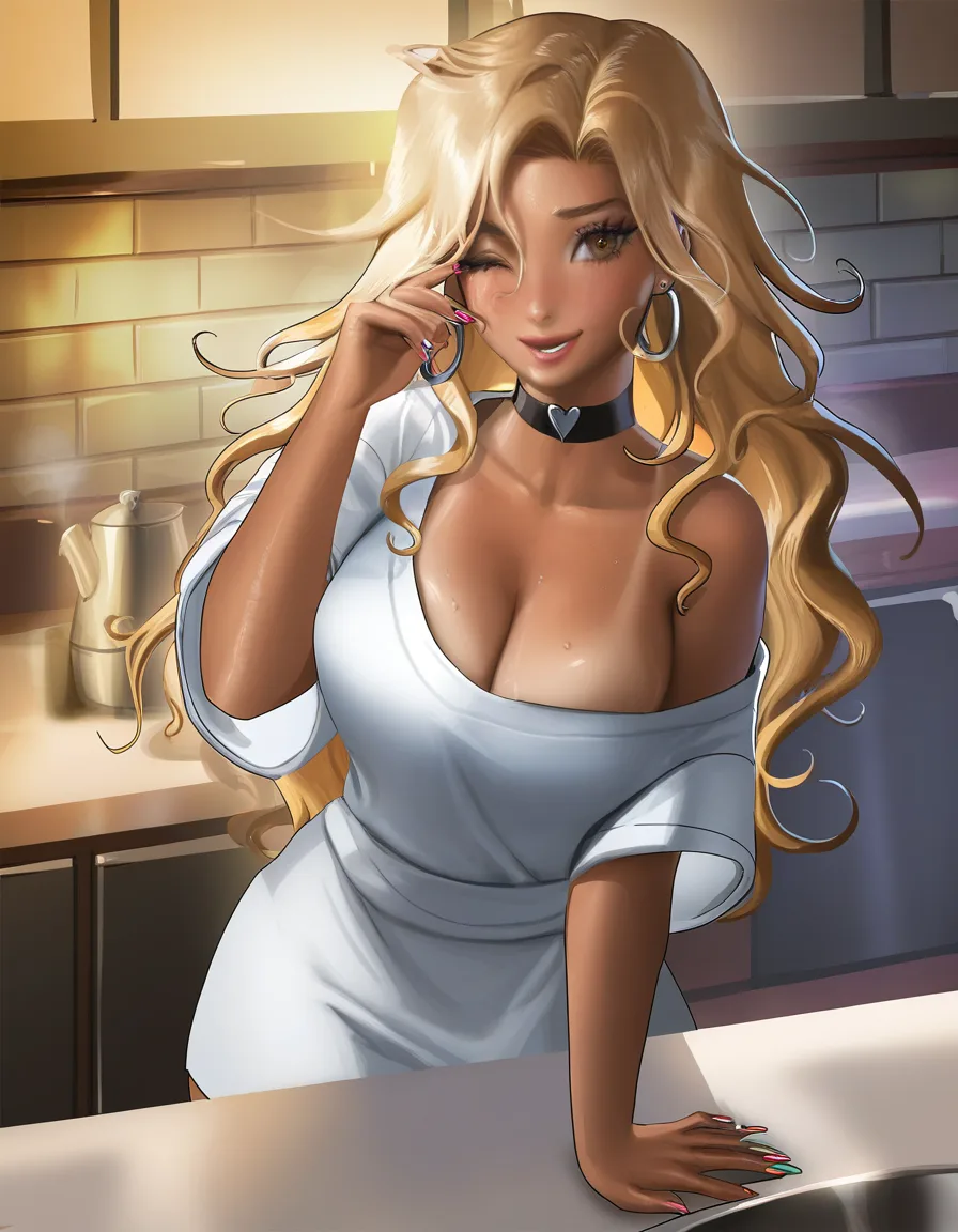 1girl, gyaru fashion, gyaru nails, tanned skin, long wavy hair, black choker, housewife, oversized shirt as apron dress, leaning on kitchen counter, winking, cozy apartment background, afternoon light, detailed eyes, vibrant colors, by sakimichan style, high detail , anime , 4k, hentai_studio_quality