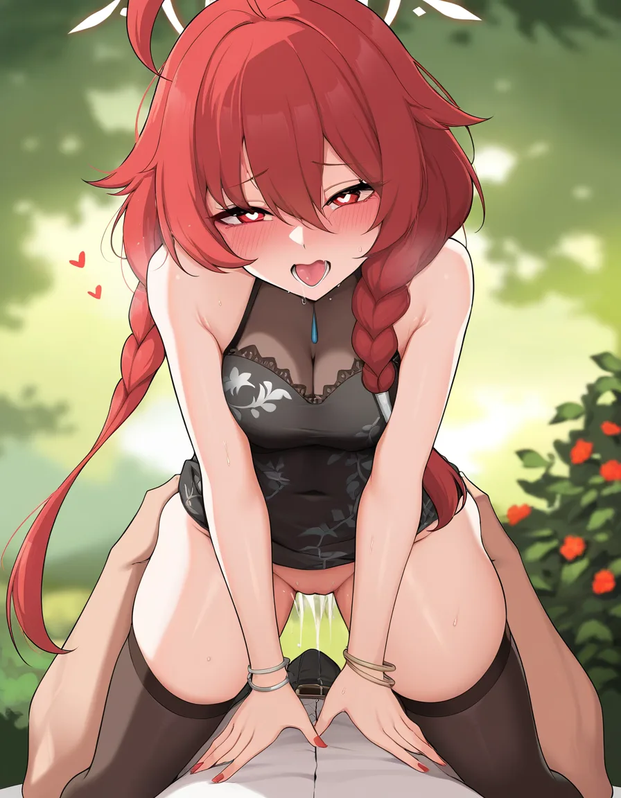 masterpiece, fine detail, solo focus, thighhighs, dress, doggy style, day, eroge aesthetic, heart-shaped_pupils, red_hair, hair_over_eyes, hentai_studio_quality