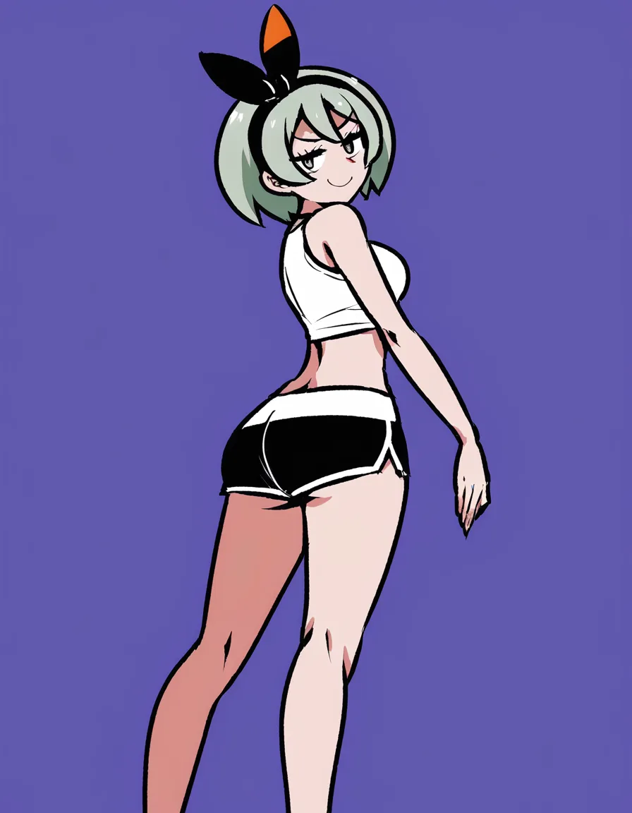 akairiot_artstyle, @bea_(pokemon), 1girl, smug, ass, dolphin_shorts, black_shorts, standing, looking_back, looking_at_viewer, eye_contact, full_body, from_behind, (anime style:1.3), 2d, anime screencap, cel shading, flat color, @00osamio00