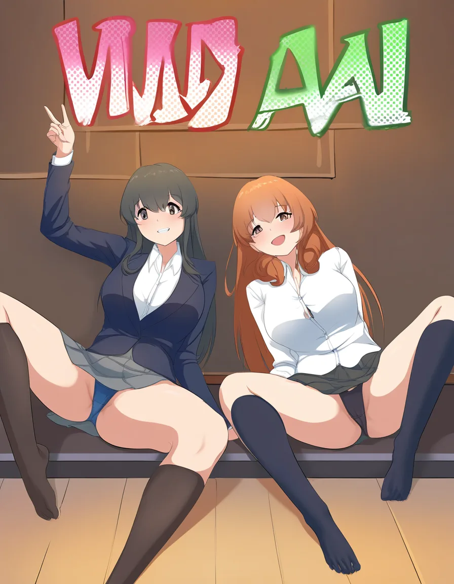highres, vivid, 2girls , skirt, spread legs, dreamy atmosphere, vivid anime colors, hentai_studio_quality