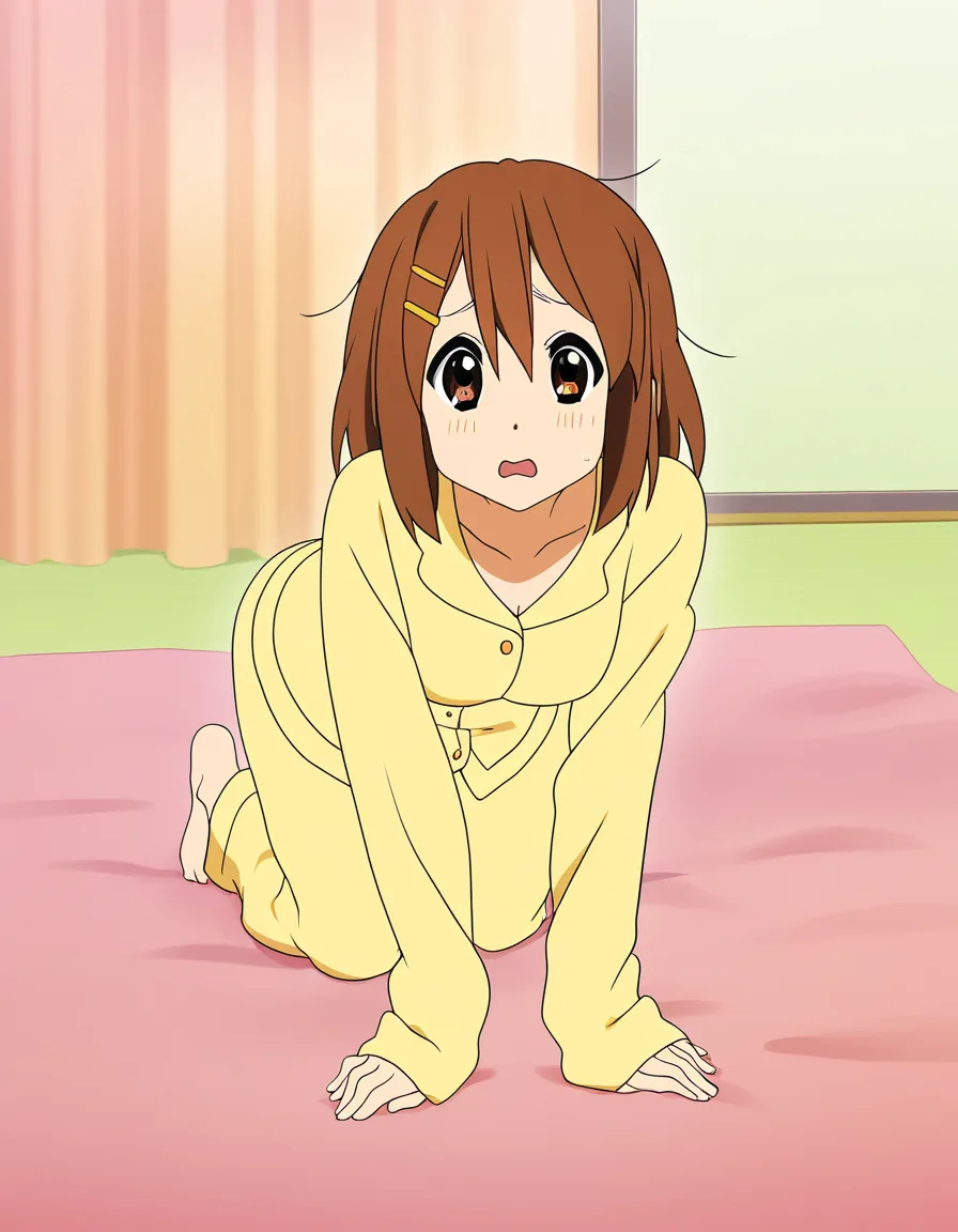 @hirasawa_yui, petite, pajamas, all_fours, embarrassed,, (anime style:1.3), 2d, anime screencap, cel shading, flat color