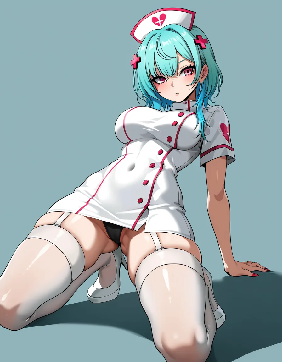 highres, vivid, nurse, on all fours, covered navel, hair ornament, hentai style, hentai_studio_quality