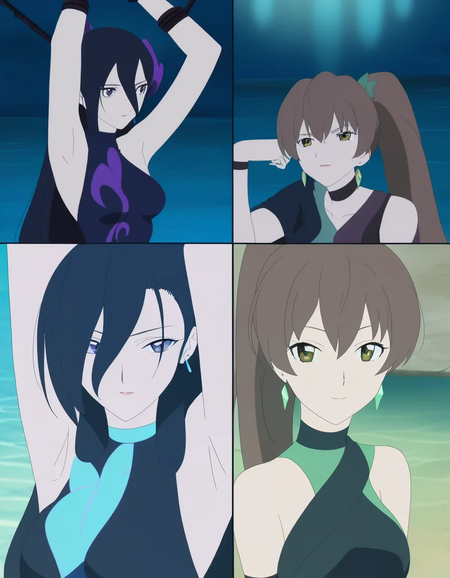 highres, vivid, 2girls, armpits, earrings, bondage, water, mysterious vibe, anime style, (anime style:1.3), 2d, anime screencap, cel shading, flat color