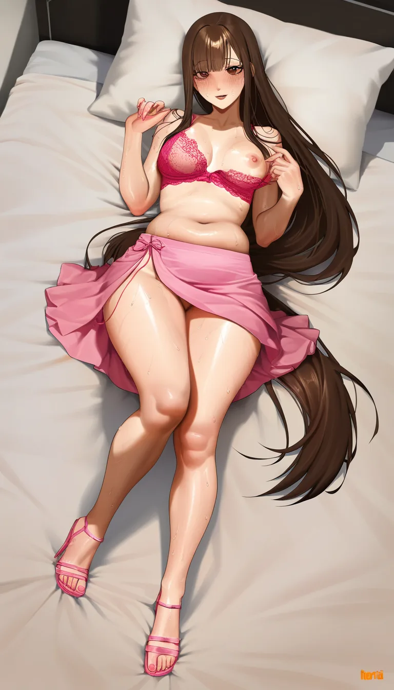 Incredibly beautiful, a very cute girl, incredibly cute face, highly detailed face, wearing a short, loose pink skirt, pink sandals with very high heels, a pink bra with lace, in the bedroom, lying on her side on the bed without panties, the light is dim, slightly plump thighs, small breasts, dark brown very long hair tied in a long ponytail, one breast is exposed, skin glistening with sweat, ultra‑detailed, hyperrealism, 8K, HD, photo style: neon x v2., hentai_studio_quality