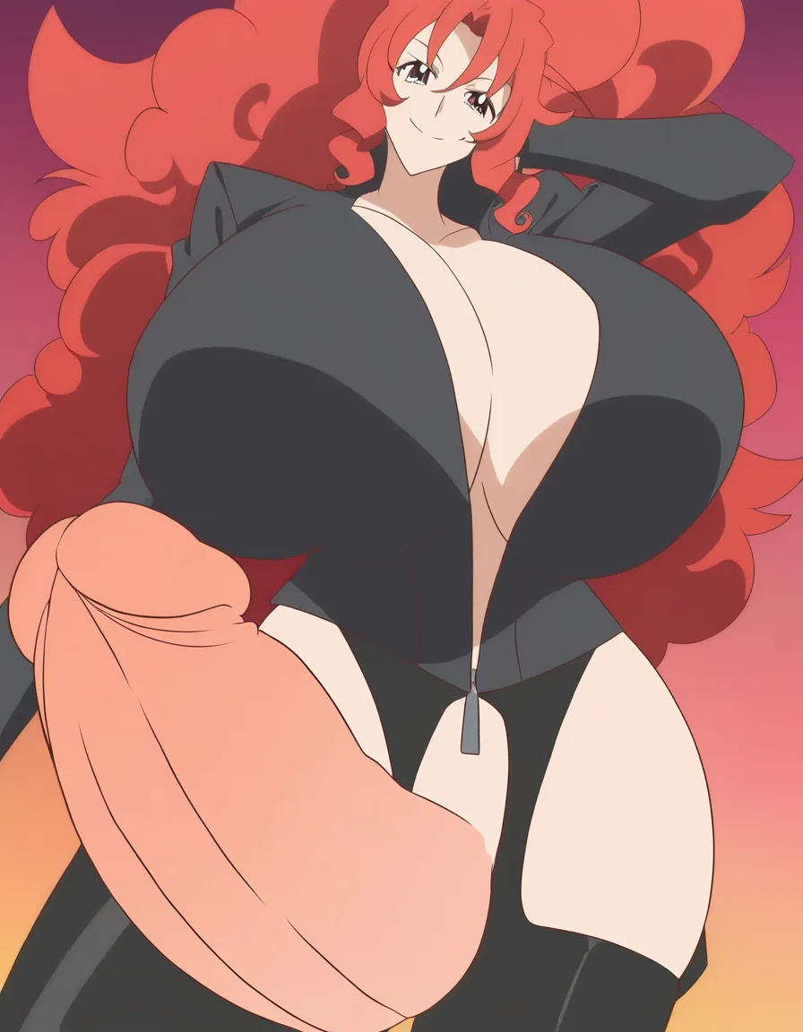 red_hair futanari motocycle, very large_penis , legs_apart leather open jacket, large_breasts , smile , 14 inches penis , huge_penis , erection, long_hair , curly_hair , mature_female (anime style:1.3), 2d, anime screencap, cel shading, flat color, @00osamio00, (anime style:1.3), 2d, anime screencap, cel shading, flat color, @00osamio00