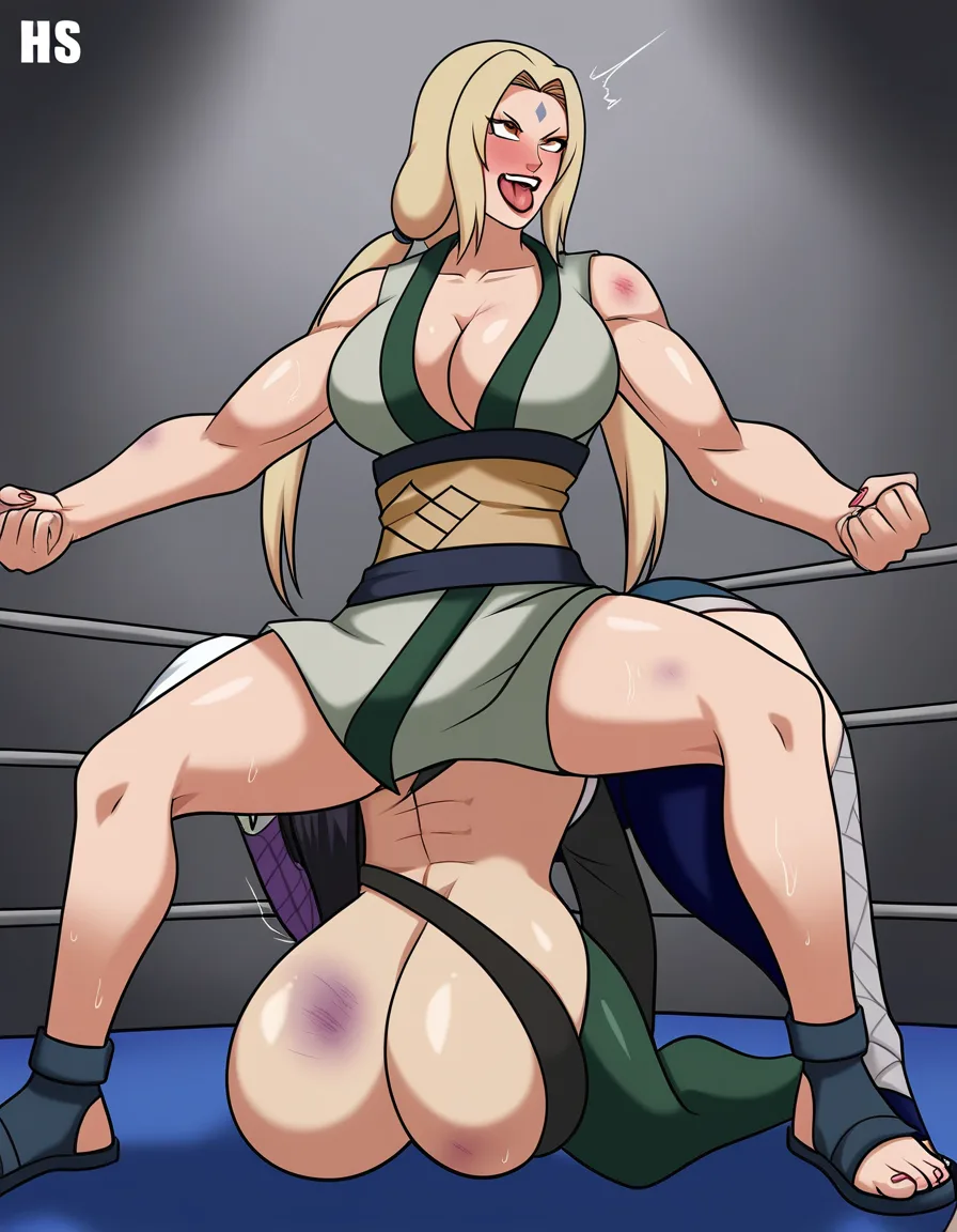 @ahri_(league_of_legends) , @tsunade_(naruto), angry, wrestling, yuri, strap, bruised, ahegao, hentai_studio_quality, hentai_studio_quality