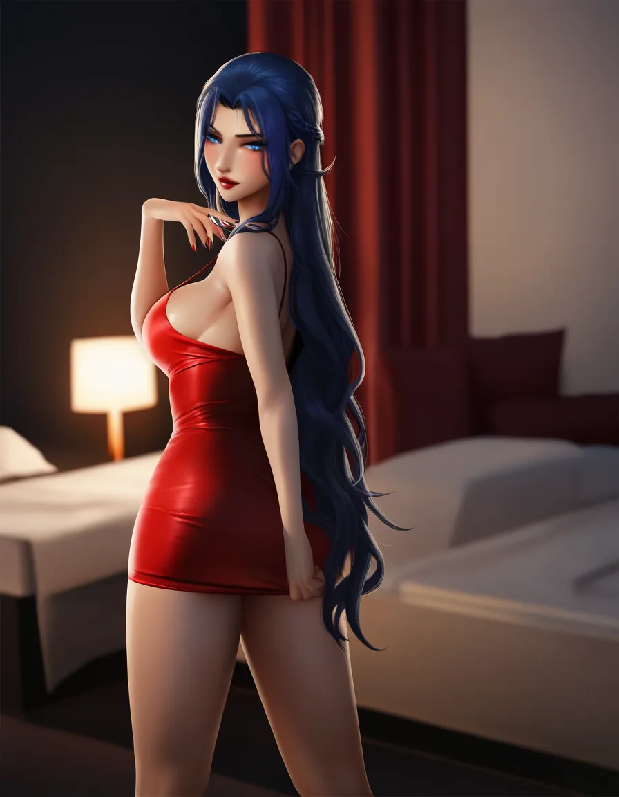 studio quality, Mushuko tensei, prostitute, red slip dress, bedroom, seductive, hentai_studio_quality, hentai_studio_quality