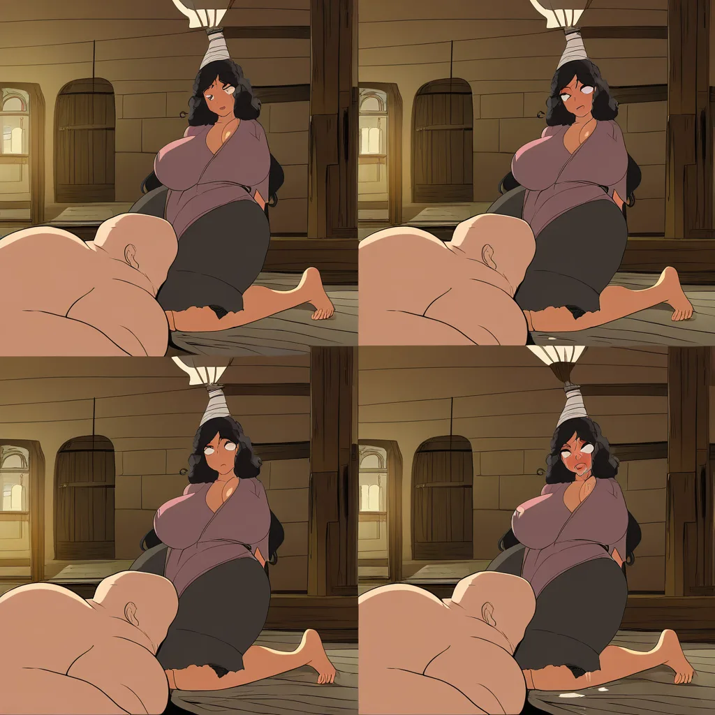 masterpiece, best quality, soft cel shading, comic, visual hentai storyline, eye contact,  deepthroat, face focused, head bobbing, expressive, enthusiastic, exaggerated and extreme ahegao , medieval village inn room setting, torn clothes, barefoot, lactation,  Professional hentai studio quality, anime screencap, bare legs, curly_hair, drool, fat man,  multiple_views