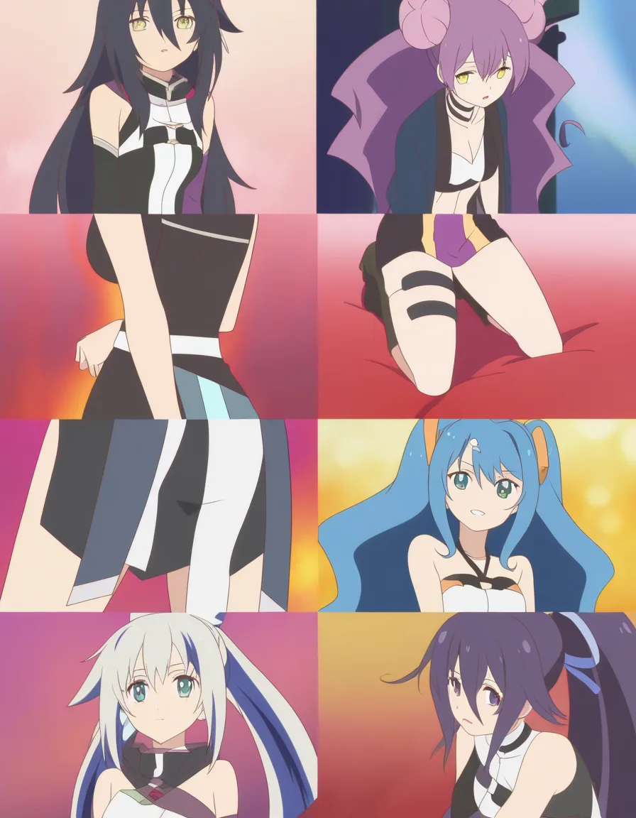 absurdres, highres, multiple girls, kneeling on bed, thigh strap, double bun, soft cel shading, (anime style:1.3), 2d, anime screencap, cel shading, flat color