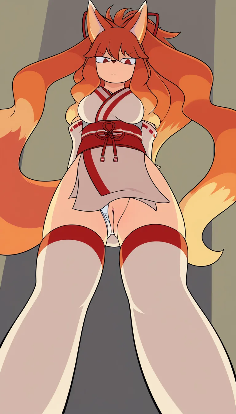 2 Masterpiece, 1girl, natural perky medium breasts, beige fur, fur, panties aside , Pussy, thighs together, Ceroba Ketsukane, from below, Kitsune (fox-like monster), no fox tail, humanoid anthropomorphic fox, beige fur, long wavy ginger-orange hair, donning attire modeled after a modified miko (shrine maiden) uniform, short kimono, short white dress where the top is structured like a traditional Japanese kimono, complete with red trimmings along the collar, hem, sleeves, thick red obi sash is tied around her waist to secure the dress, hair is held up in a high ponytail using a piece of red ribbon featuring a small gold bell right at the center, standard white boots that feature red trim along top edges, Her head features prominent fox ears, cozy disty office for single worker room background ... single continuous shot, full widescreen view, one single image, uninterrupted scene, no borders, no panels, wide angle cinematic photograph, single perspective, edge-to-edge frame ... modern digital drawing style, clean monoline ink linework, flat cel shading with minimal soft gradients, vibrant color palette with high-contrast accent tones, minimalist geometric background elements, crisp vector-like finish, contemporary graphic illustration.,, hentai_studio_quality, hentai_studio_quality, hentai_studio_quality, hentai_studio_quality, hentai_studio_quality