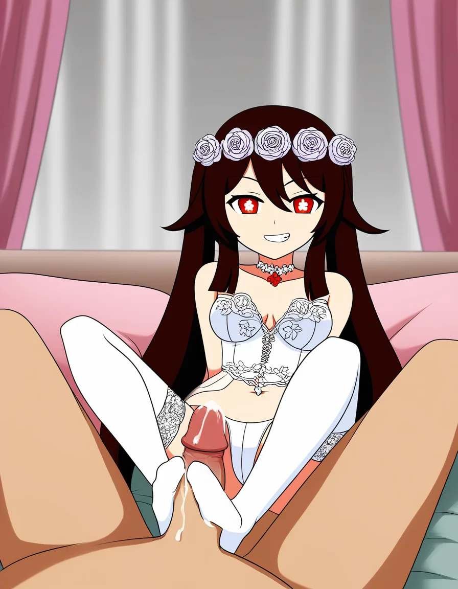 hu tao, seductive_smile, cum, footjob,bedroom , lingerie , thong, wedding_dress, hentai_studio_quality