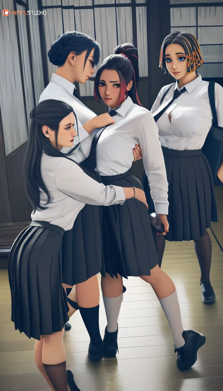 professional photo, high detail, 4girls, skirt, handjob, cinematic realism demon slayer female girl