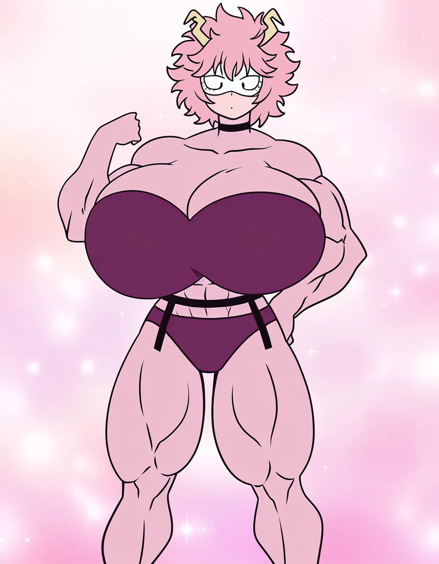 Mina Ashido, bando top, huge breast, muscular female, huge muscles, full body, garter_belt, (anime style:1.3), 2d, anime screencap, cel shading, flat color