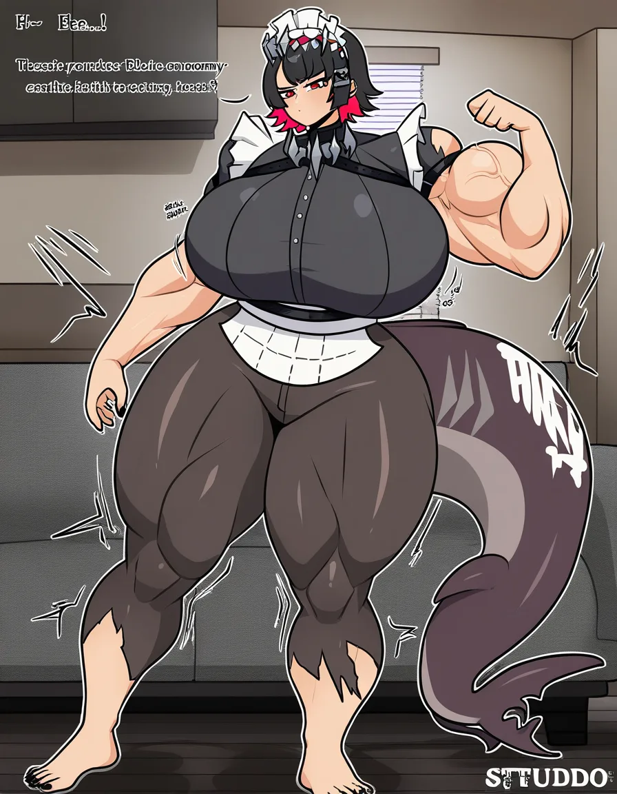 ultra detailed, Ellen joe, large female, taller female, maturne female, solo, hube muscles, tail huge breast, body transformation, muscle mommy, muscular female, thick thighs, toned bod, torn clothes, bulging breasts, in living room, shaking, growing female, tight clothes, barefoot, hentai_studio_quality