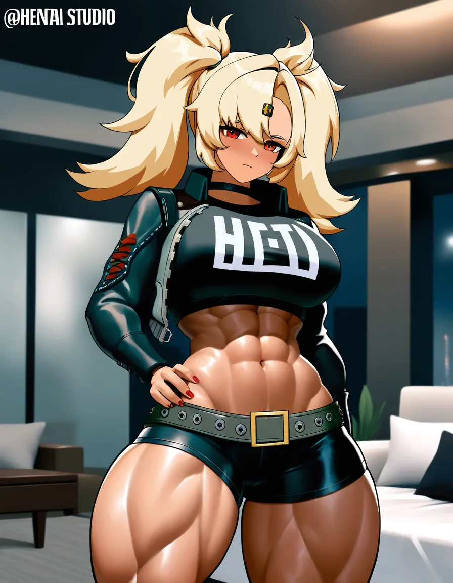 Femal, @burnice_white, zenless zone zero, solo, living room, athletic female, curvy figure, massive female, mature female, muscular female, massive muscule, blonde hair, booty shorts, cropped jacket, leather jacket, exposed midriff, twintails, hentai_studio_quality