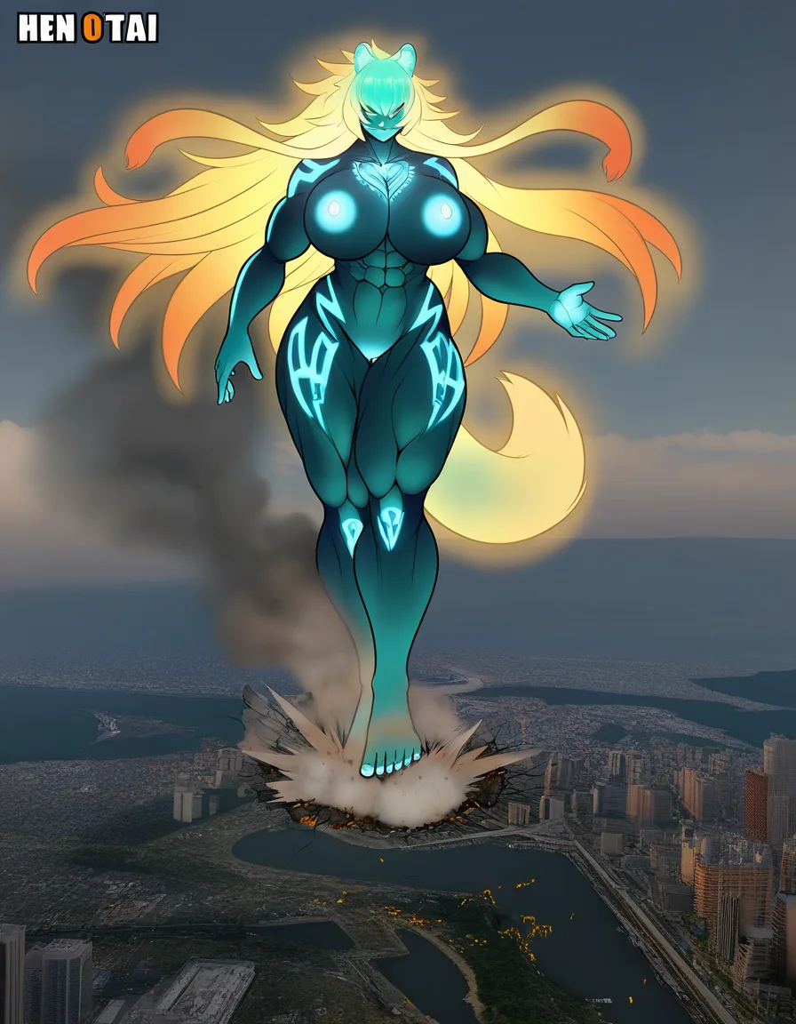 @raphtalia, maturn female, muscular female, tattoo body, tattoo arms, tattoo breasts, tattoo thighhighs, tattoo legs, tattoo head, glowing tattoo, glowing hair, glowing nipples, glowing pussy, glowing tail, full_body, gigantic female, solo, outdoors, stomp, city on background, giantess, hentai style, destruction, 5 fingers, 5 toes, earthquake, curvy female, macro, nude,, hentai_studio_quality