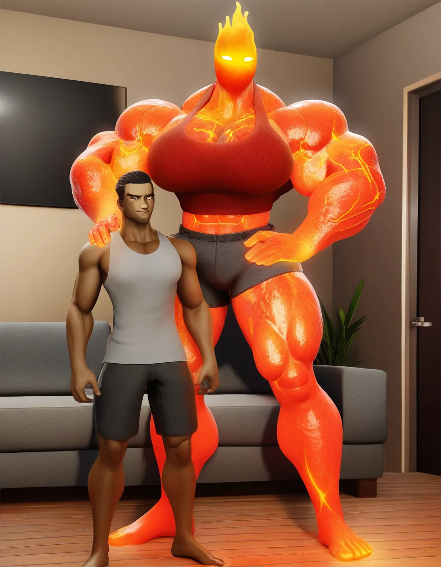 elemental girl, lava elemental, lava body, lava hair, lava head, mature_female, full body, clothes female, muscular_female, huge muscles female, top girl, shorts girl, living room girl, human boy, girl and boy, light_smile, hentai_studio_quality