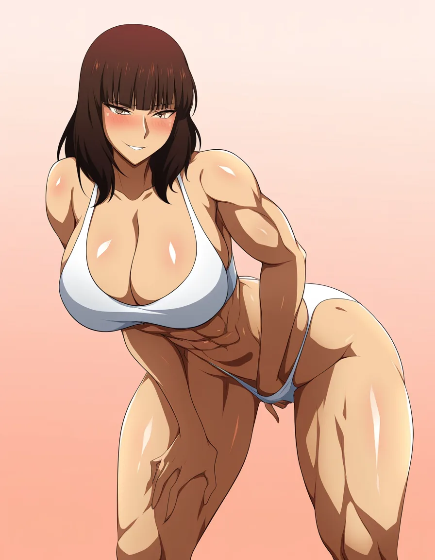 highly detailed, sharp, brunette woman, leaning forward, futanari, toned body, medium hair, simple background, vivid anime colors, fingering, hentai_studio_quality