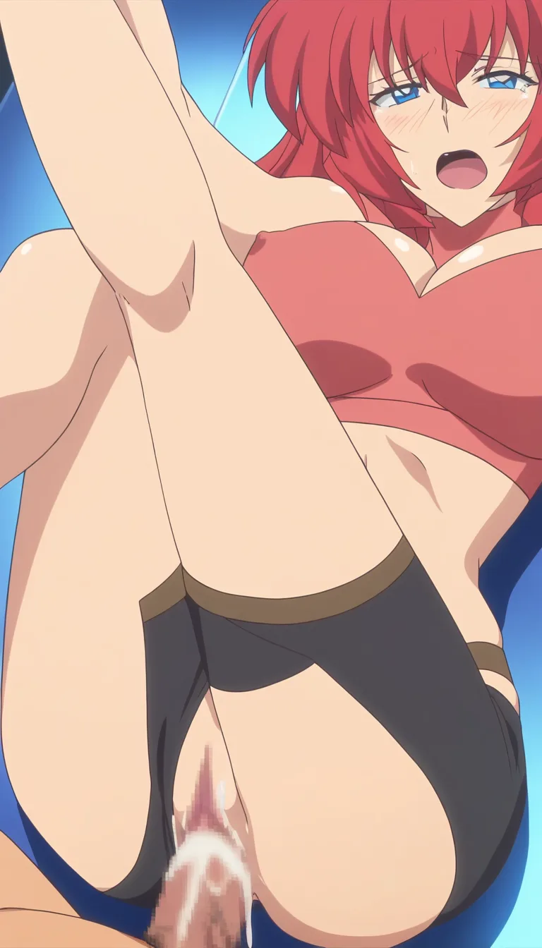 best quality, polished, redhead woman, athletic build, shorts, creampie, explicit anime render, (anime style:1.3), 2d, anime screencap, cel shading, flat color