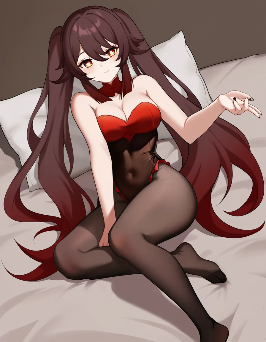 @hu_tao_(genshin_impact) in @ruby_rose costume, /ultra_detailed, /hentai_studio_quality, /highres, bed,, hentai_studio_quality, hentai_studio_quality