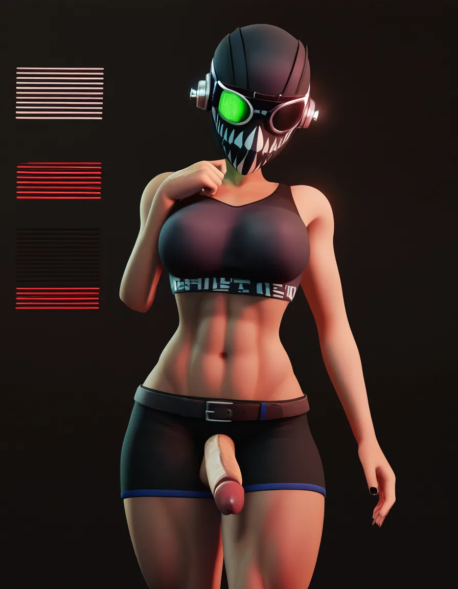 absurdres, highres, fitness model, petite adult woman, belt, futanari, shy smile, hentai style, male_penetrated, score_9, score_8, 3d render, octane render, subsurface scattering, ray tracing, smooth shading