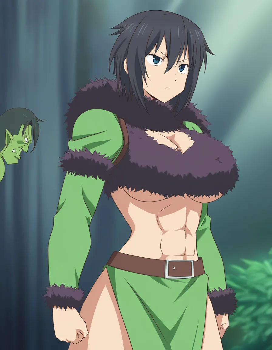 giant green orc lady with big boobs, fur clothing, underboob , cleavage , abs , short_hair , standing over a man, (anime style:1.3), 2d, anime screencap, cel shading, flat color, hentai_studio_quality