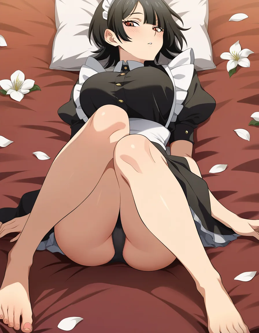 masterpiece, best quality, maid, barefoot, flower, on girl_on_top , pillow, anime style,, hentai_studio_quality