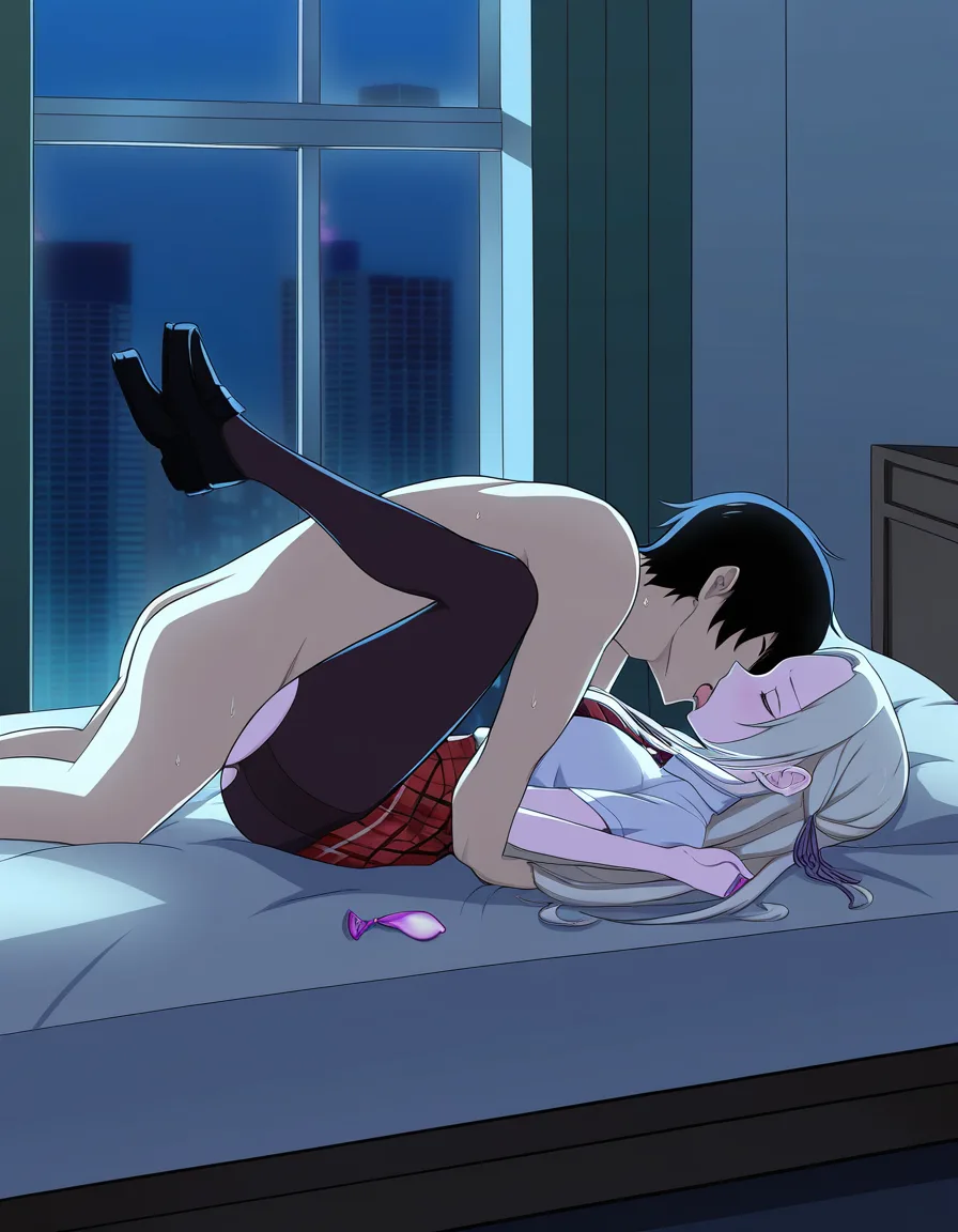 @edelgard_von_hresvelg, 1boy, 1girl, school_uniform, pantyhose, sex, missionary, french_kiss, necktie, dress_shirt, loafers, black_footwear, clothing_aside, clothed_female_nude_male, legs_up, tongue, full_body, closed_eyes, on_bed, condom, night, window, hentai_studio_quality